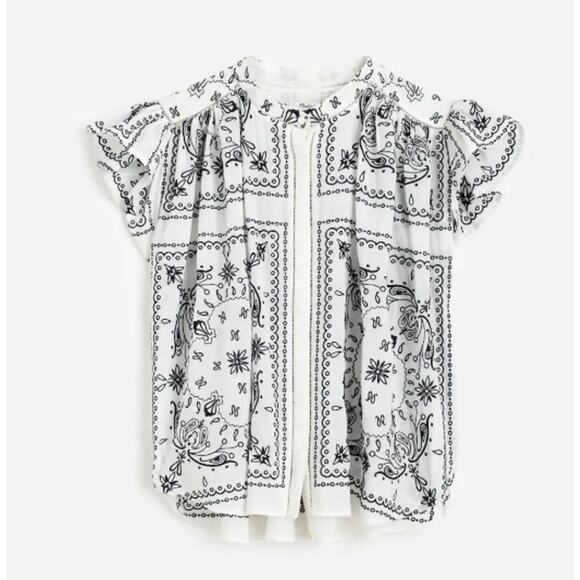 Madewell Poplin Shirred Button-Up Shirt M White Black Bandana-Style Embroidered - Picture 3 of 9